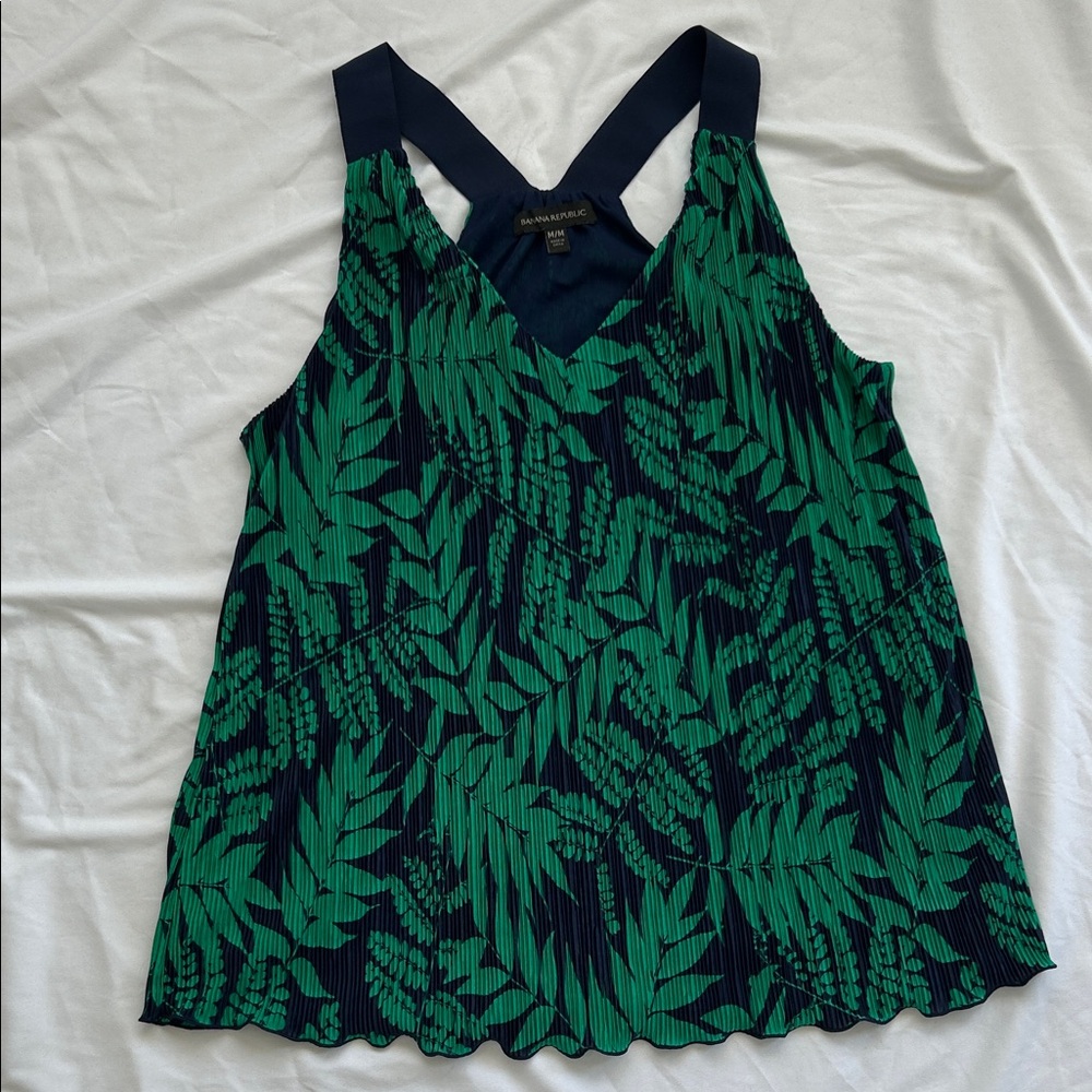 Banana Republic Green and Navy Leaf Pattern Top